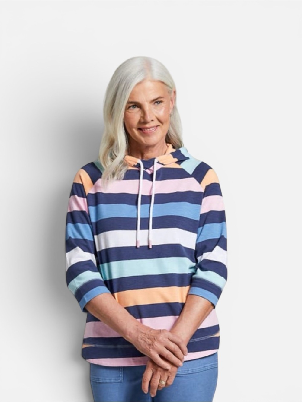 Tribal Striped Hooded Top in Navy, Light Blue, Pink & Peach